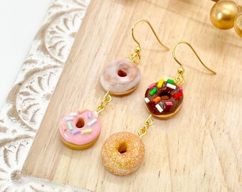Miniature Donut Earrings, Hypoallergenic Stainless Steel Earrings, Clay Earrings - Sugar, Glazed, Pink Sprinkles and Chocolate Sprinkles
