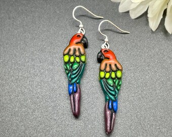 Parrot Earrings, Colorful Bird Earrings, Hypoallergenic Stainless Steel Earrings, Handmade Polymer Clay Earrings, Rainbow Color Earrings