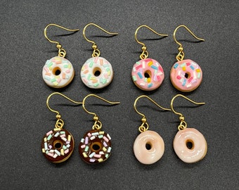 Single Donut Earrings, Hypoallergenic Stainless Steel Earrings, Clay Earrings - Glazed, Pink, White or Chocolate, Miniature Donut Earrings