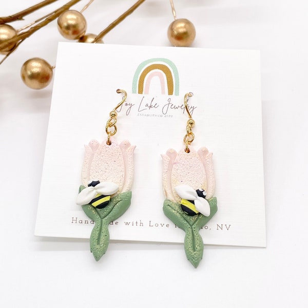 Tulip and Bee Earrings, Hand Made Floral Bumblebee Earrings, Small Dangle Earrings, Lightweight Clay Earrings, Flower and Bee Earrings