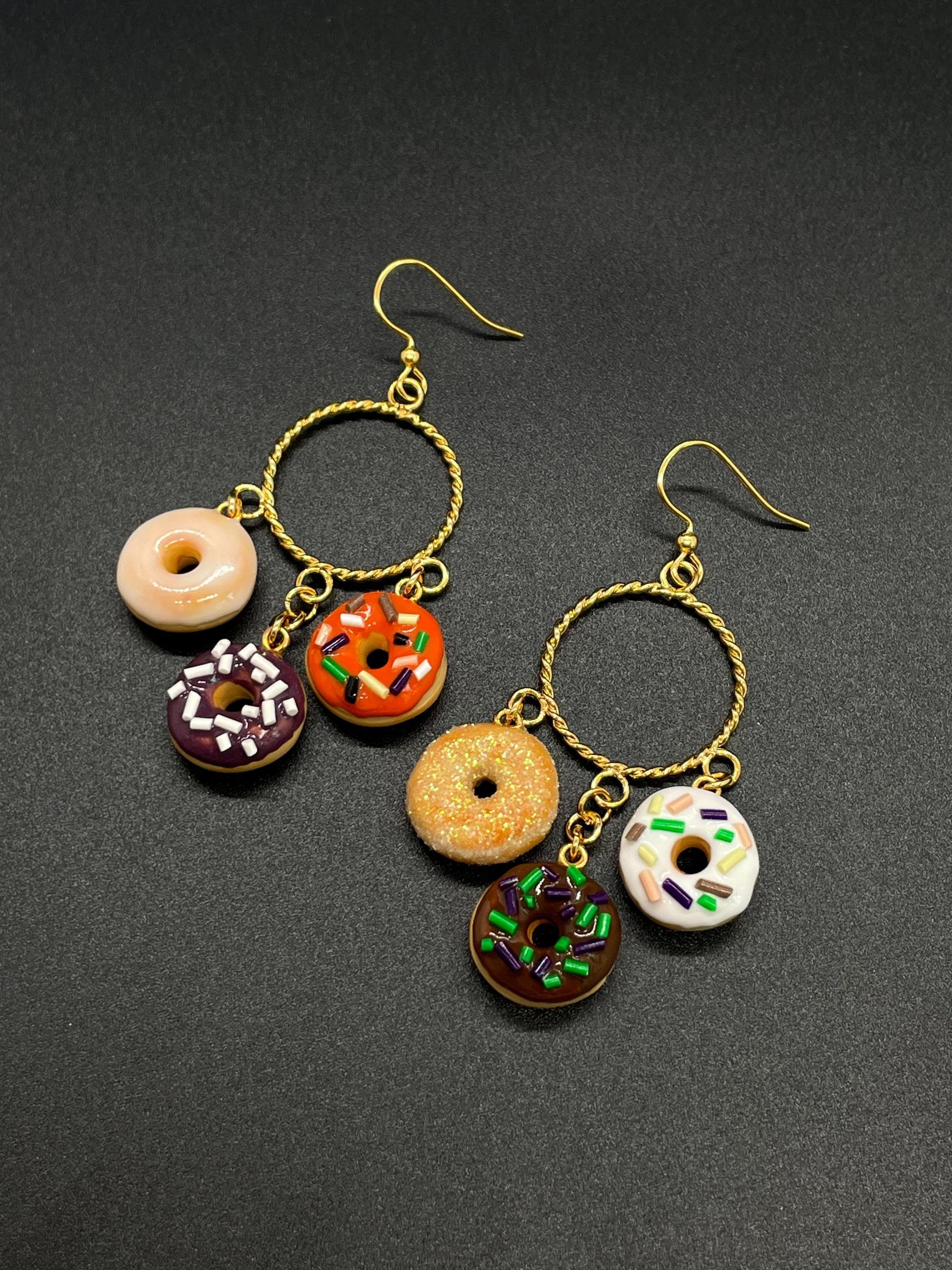 Half Dozen Donut Chandelier Earrings, Hypoallergenic Stainless Steel Earrings, Clay Earrings, Fall Colors- Sugar, Glazed and Sprinkle Donuts