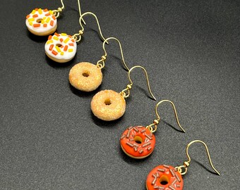 Single Donut Earrings, Hypoallergenic Stainless Steel, Clay Earrings - Glitter Sugar, Orange or White Sprinkles, Miniature Donut Earrings