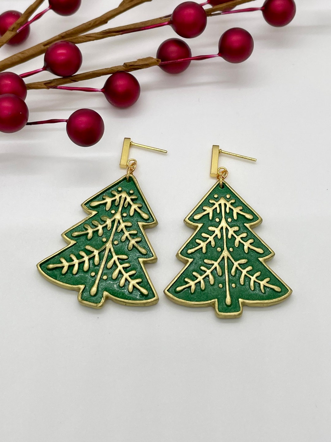 Green and Gold Christmas Tree Earrings Boho Tree Earrings Etsy