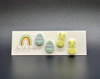 Bunny and Easter Egg Clay Stud Earrings, Stud Pack - Yellow &quot;Marshmallow&quot; Bunny/Pale Blue Hand Painted Easter Egg, Set of 2, Small Studs