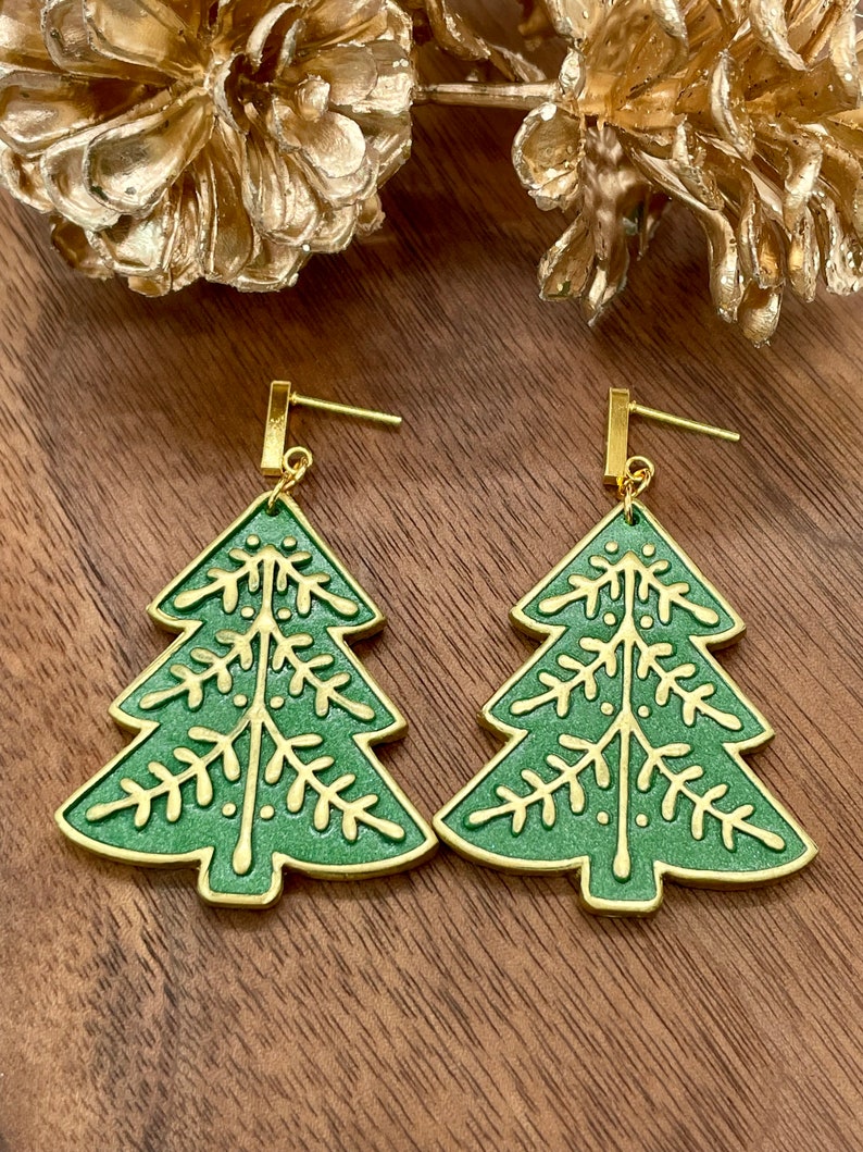 Green and Gold Christmas Tree Earrings Boho Tree Earrings Etsy