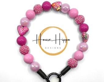 Hot Pink Magenta Rhinestone and Marble Heart Dog Collar Necklace