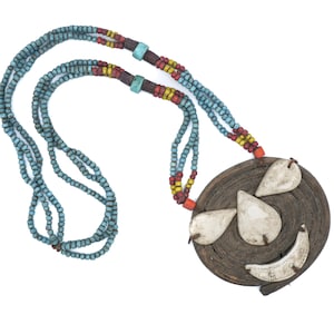 ZUBONI - Vintage Tribal Face Beaded Ceremonial Necklace from Nagaland, India - 07180