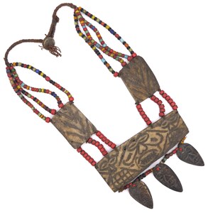 SEMA - Vintage Carved Yak Bone Tribal Faces Ceremonial Necklace from Nagaland, India - 07189
