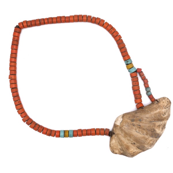 SHARMA - Vintage Shell and Orange Beaded Ceremonial Necklace from Nagaland, India - 07190