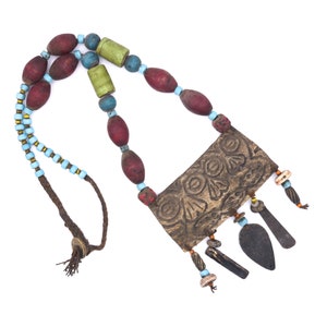 ZHOKHOI - Vintage Carved Yak Bone Tribal Faces Ceremonial Necklace from Nagaland, India - 07174