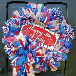 4th of July Wreath, Fireworks Wreath, Red White and Blue Wreath, Summer Wreath with Patriotic Bow, Patriotic Wreath, Independence Day Wreath