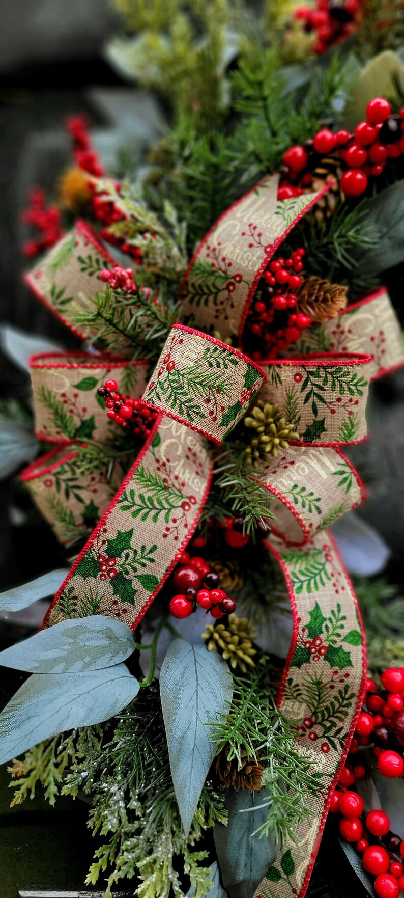 Christmas Wreath With Red Berries, Lamb's Ear Winter Wreath, Holiday ...
