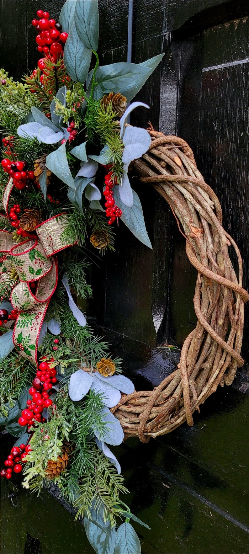 Christmas Wreath With Red Berries, Lamb's Ear Winter Wreath, Holiday ...