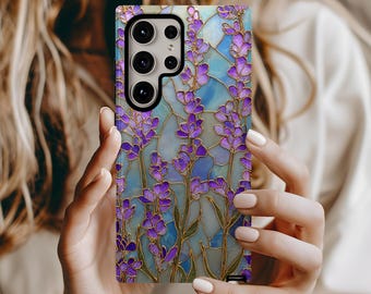 Lavendel Blumen Garten Glasmalerei Luxe Glam Handyhülle, Blumen iPhone Samsung Hülle, Geschenk für sie, trendige Handyhülle, Geburtstagsgeschenk