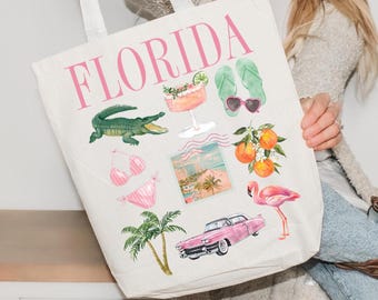 Coquette Florida Beach Vacation Destination Cotton Canvas Eco-Friendly Tote Bag, Bachelorette Location, Gift for Her, Market Shopping,Travel