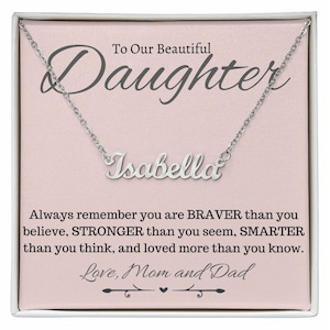 To Our Beautiful Daughter, Jewelry For Her, Personalized Jewelry,From Mom and Dad,Gold Name Necklace,Message Card Quote,Custom Birthday Gift