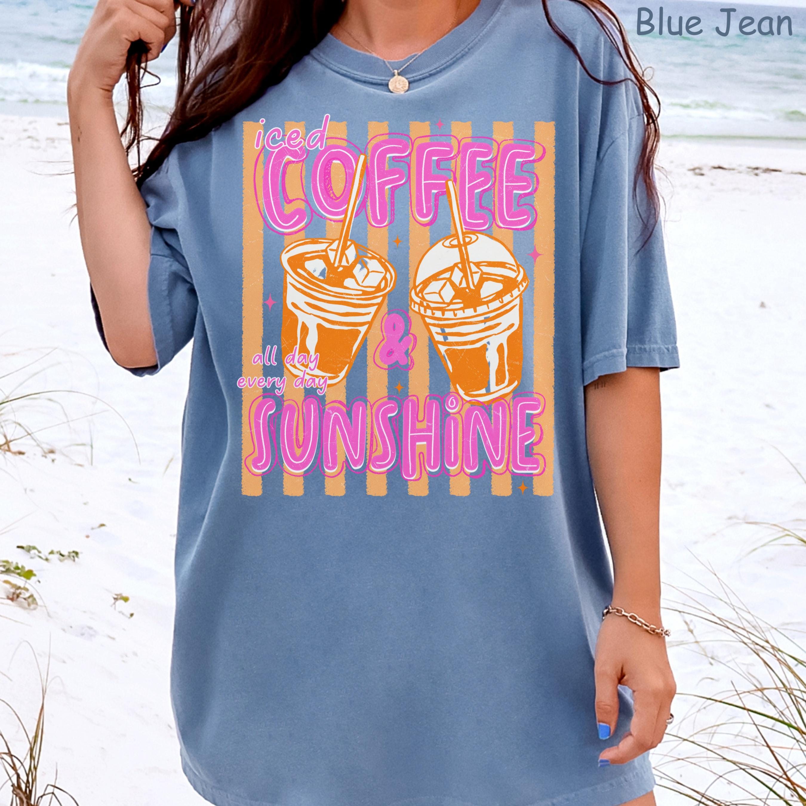 Comfort Colors Iced Coffee and Sunshine Neon Stripe Coquette Summer TShirt, Vintage Coffee Lover Shirt, Womens Apparel, Trendy Graphic Tee