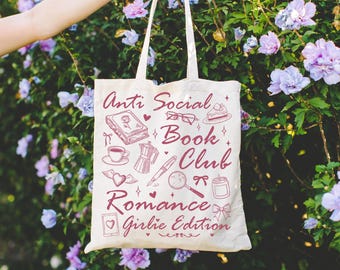 Anti-Social Book Club Romance Hand Drawn Coquette Cotton Canvas Eco-Friendly Tote Bag, Bookish Lovers, Gift for Her, Market Shopping, Travel