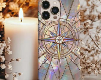 Étui pour téléphone portable luxe glam en vitrail nautique céleste boussole irisé, coque Samsung côtière opalescente pour iPhone, cadeau tendance pour elle