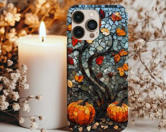 Funda para teléfono móvil con vitrales de calabaza y hojas de otoño para Halloween, funda otoñal para iPhone y Samsung, regalo para ella, funda moderna para teléfono, regalo de cumpleaños