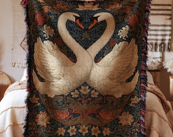 Swan Couple Floral Cottagecore Aesthetic Vintage Tapestry Woven Blanket, Retro Morris Inspired Plush Throw Blanket, Wall Art Hang,Home Decor