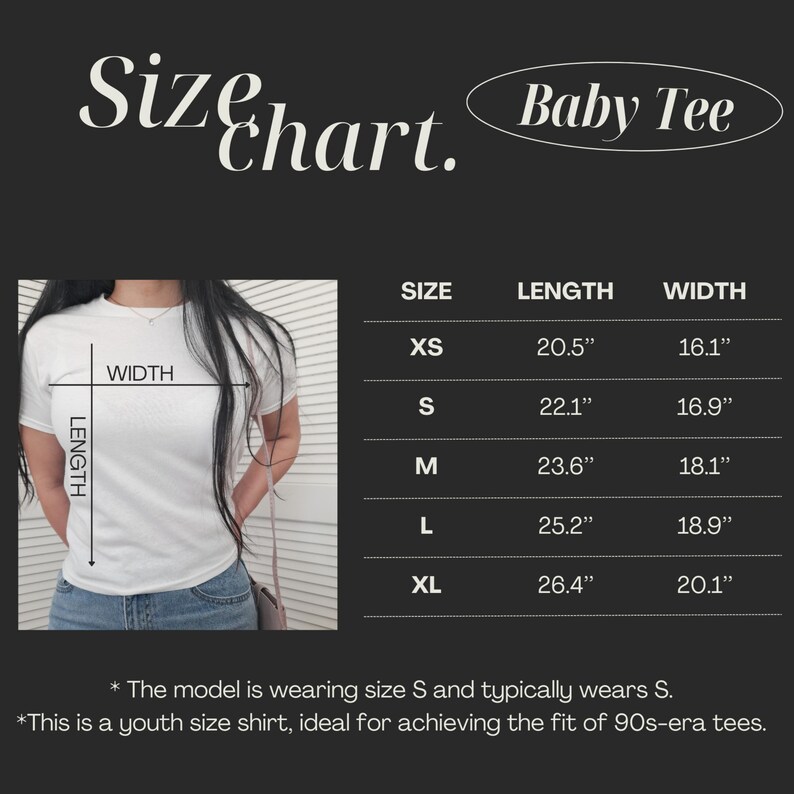 May include: White baby tee shirt with a size chart. The chart shows measurements for XS to XL sizes, with lengths from 20.5" to 26.4" and widths from 16.1" to 20.1". The text "Baby Tee" is in a white oval.