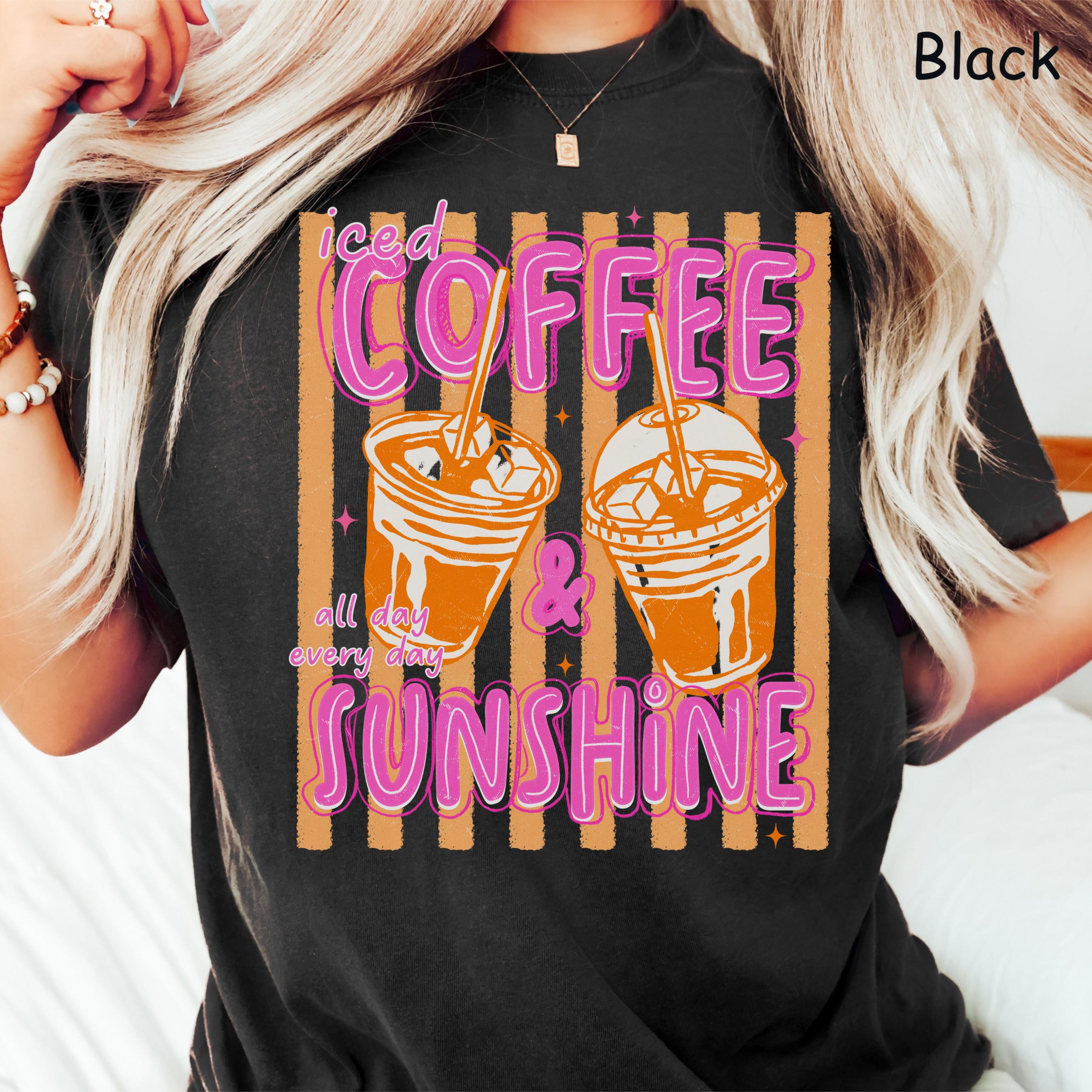 Comfort Colors Iced Coffee and Sunshine Neon Stripe Coquette Summer TShirt, Vintage Coffee Lover Shirt, Womens Apparel, Trendy Graphic Tee