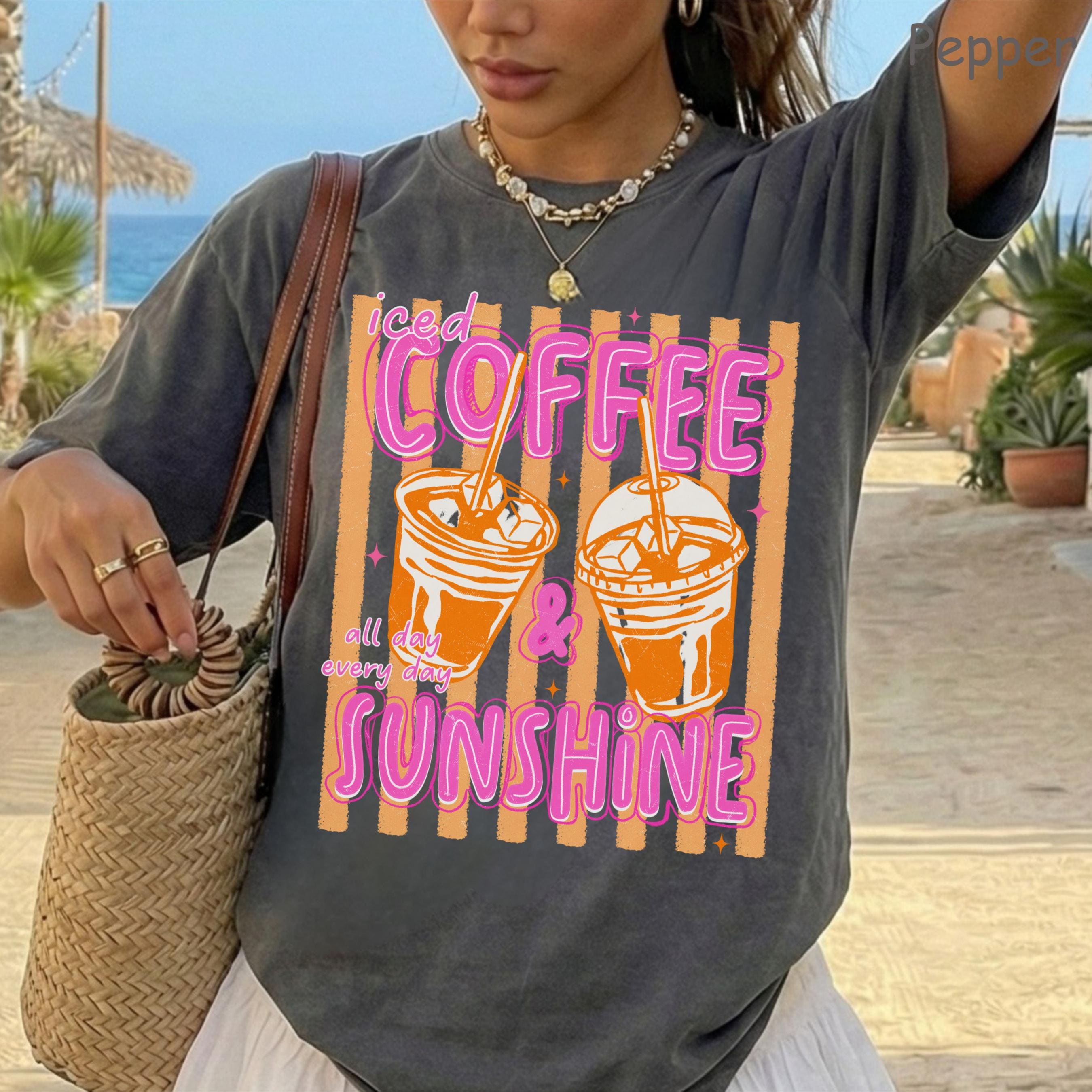 Comfort Colors Iced Coffee and Sunshine Neon Stripe Coquette Summer TShirt, Vintage Coffee Lover Shirt, Womens Apparel, Trendy Graphic Tee