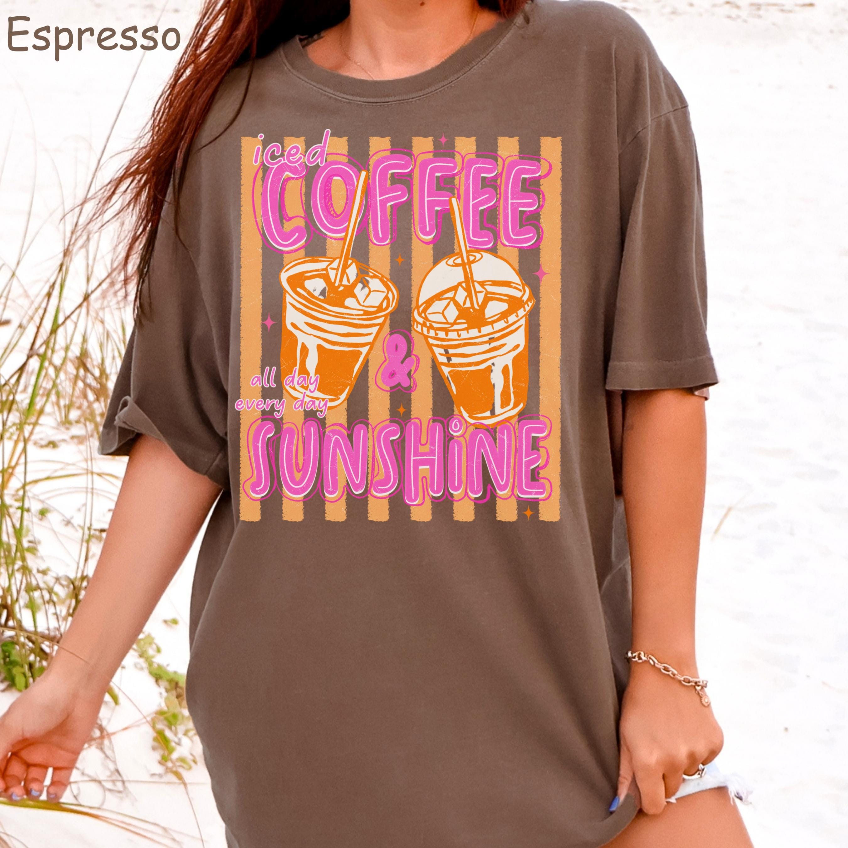 Comfort Colors Iced Coffee and Sunshine Neon Stripe Coquette Summer TShirt, Vintage Coffee Lover Shirt, Womens Apparel, Trendy Graphic Tee