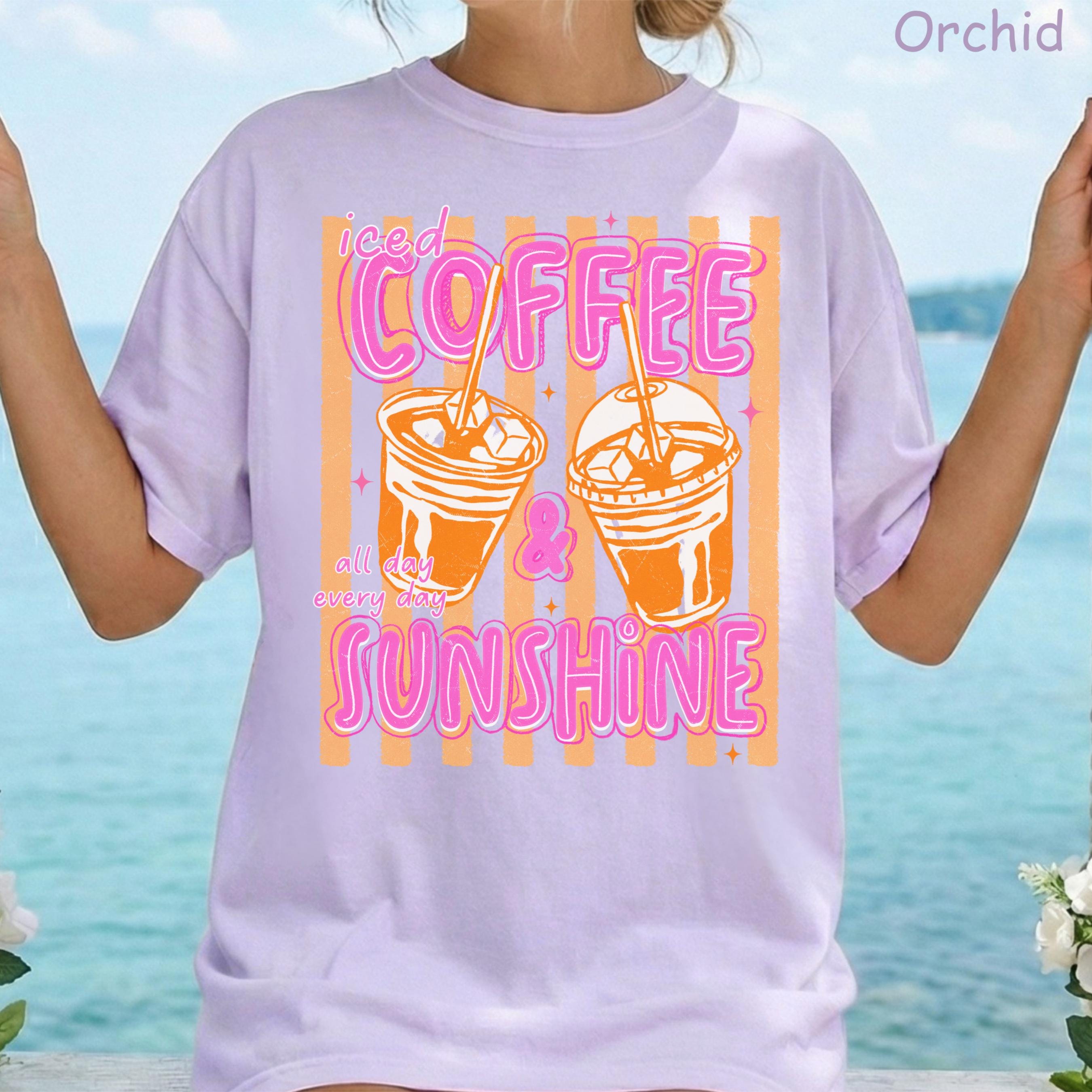 Comfort Colors Iced Coffee and Sunshine Neon Stripe Coquette Summer TShirt, Vintage Coffee Lover Shirt, Womens Apparel, Trendy Graphic Tee