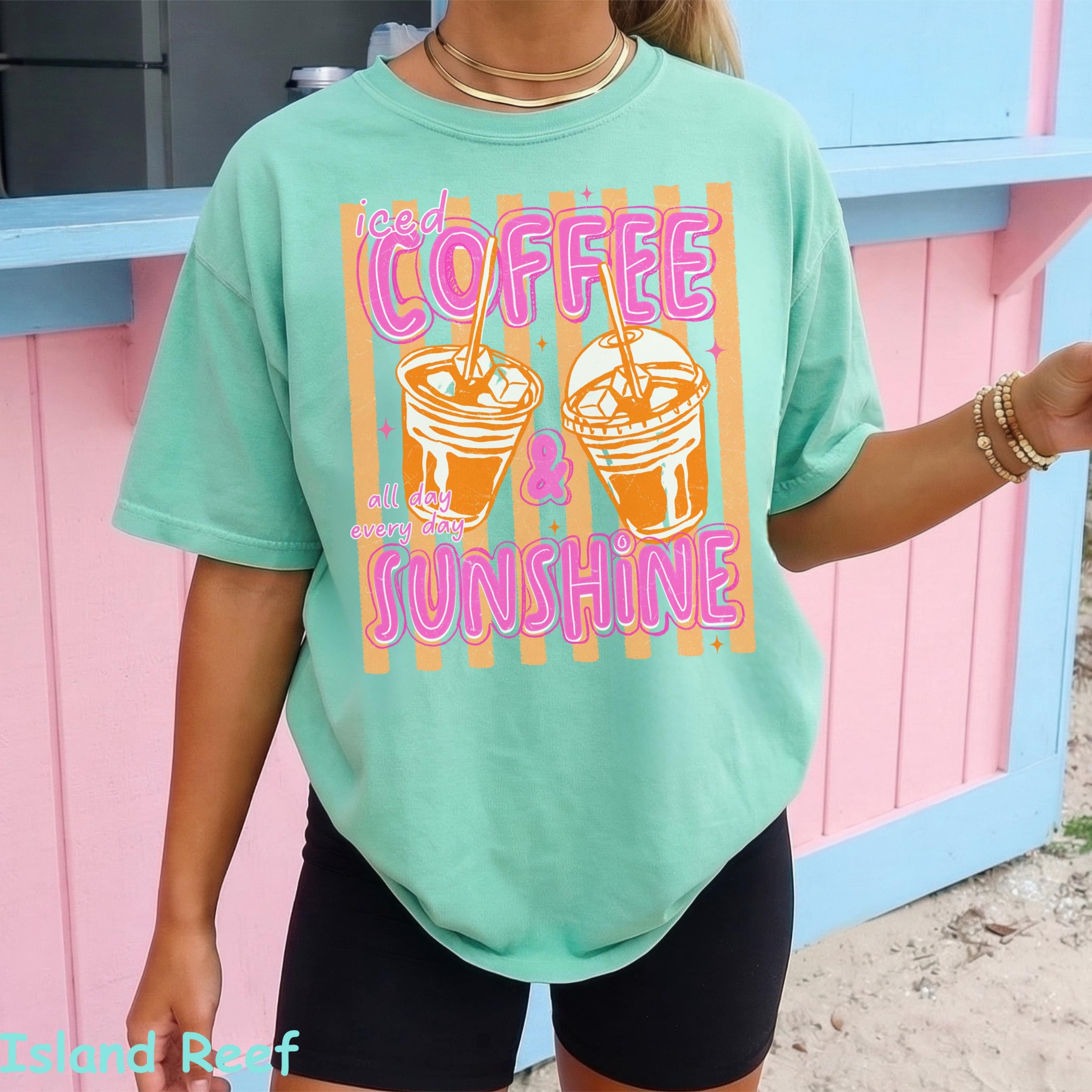 Comfort Colors Iced Coffee and Sunshine Neon Stripe Coquette Summer TShirt, Vintage Coffee Lover Shirt, Womens Apparel, Trendy Graphic Tee