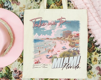 Take Me To Miami Florida Vacation Destination Cotton Canvas Eco-Friendly Tote Bag, Bachelorette Location,Gift for Her,Market Shopping,Travel