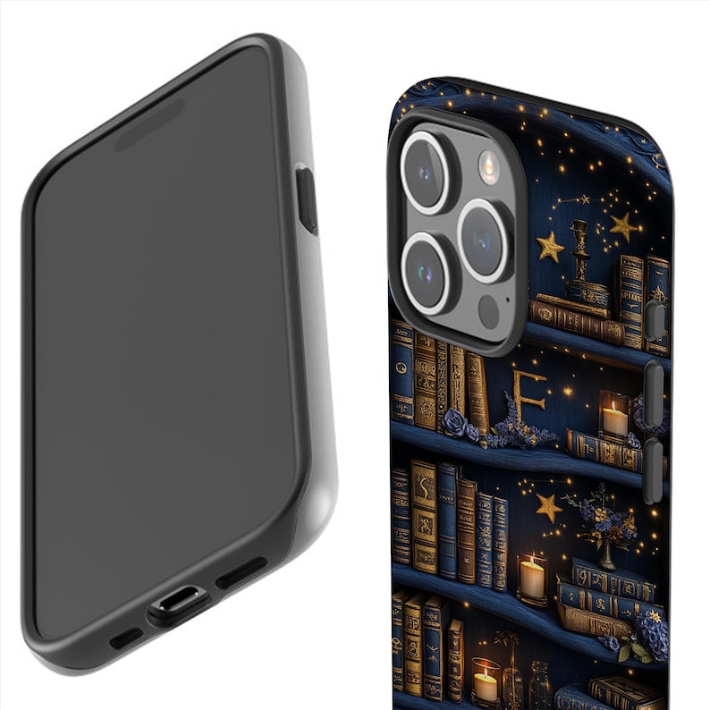 May include: A black smartphone case featuring a detailed illustration of a bookshelf filled with antique books, candles, and stars against a dark blue background. The case has a sleek, modern design with a black border.