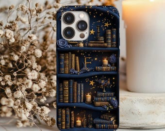 Funda 3D para teléfono móvil con estantería de libros de la Academia Oscura y Noche Estrellada Celestial, funda de estantería de libros de fantasía para iPhone y Samsung, regalo de moda para ella, cumpleaños