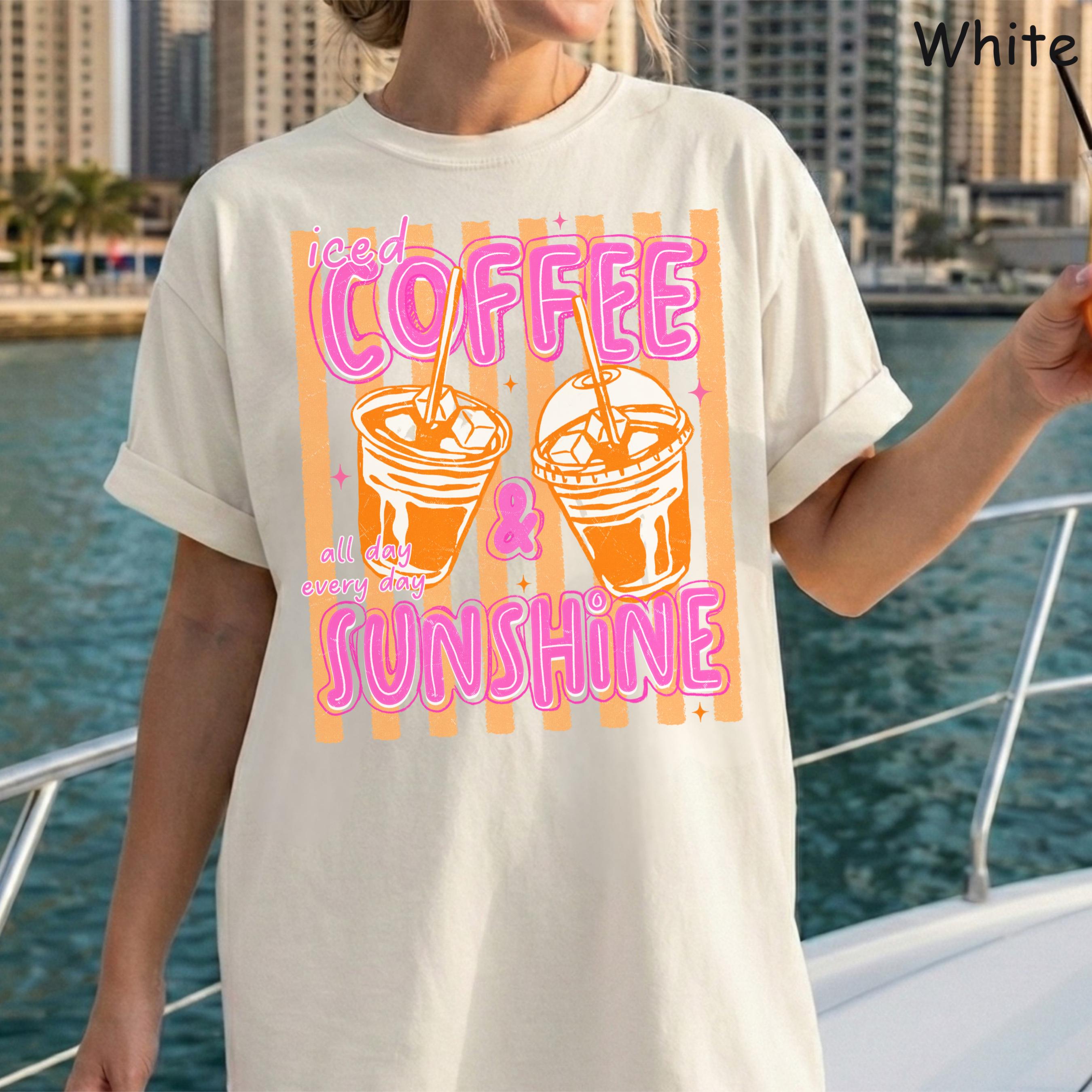 Comfort Colors Iced Coffee and Sunshine Neon Stripe Coquette Summer TShirt, Vintage Coffee Lover Shirt, Womens Apparel, Trendy Graphic Tee