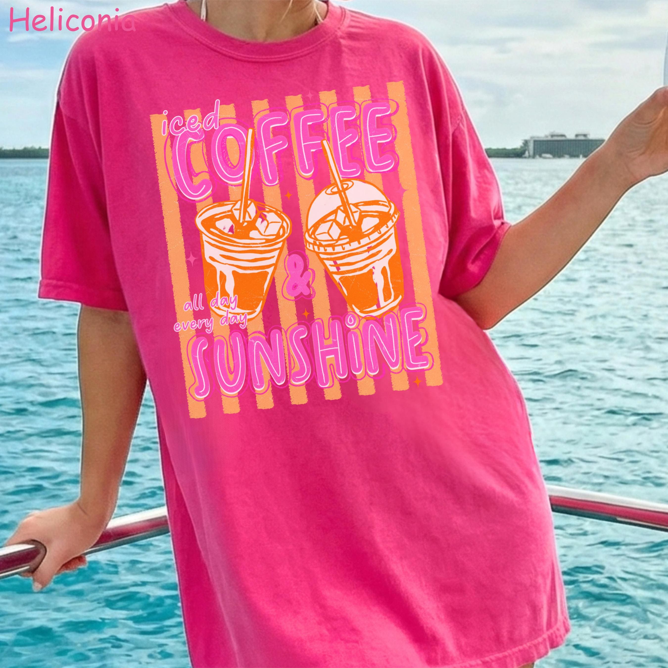 Comfort Colors Iced Coffee and Sunshine Neon Stripe Coquette Summer TShirt, Vintage Coffee Lover Shirt, Womens Apparel, Trendy Graphic Tee