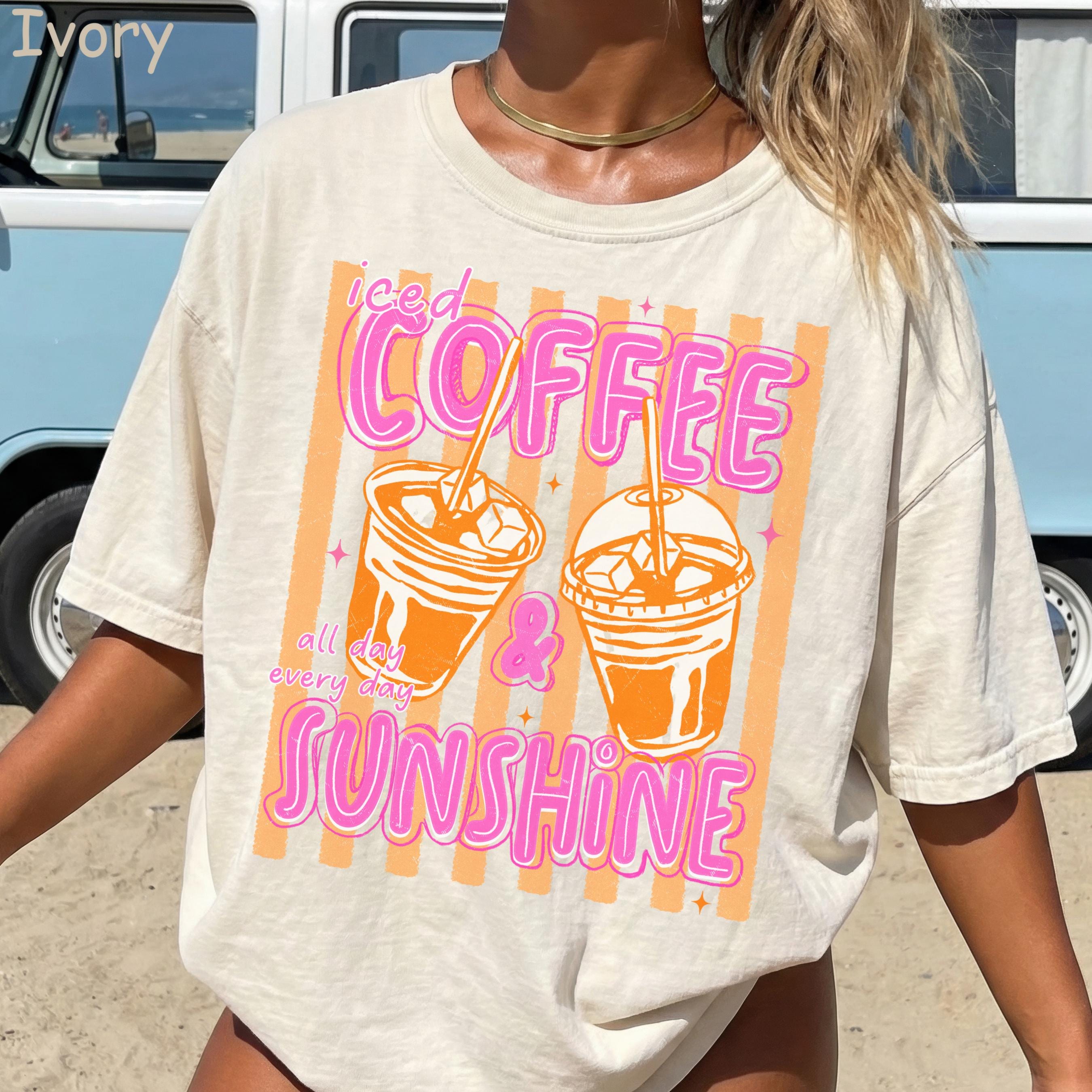 Comfort Colors Iced Coffee and Sunshine Neon Stripe Coquette Summer TShirt, Vintage Coffee Lover Shirt, Womens Apparel, Trendy Graphic Tee
