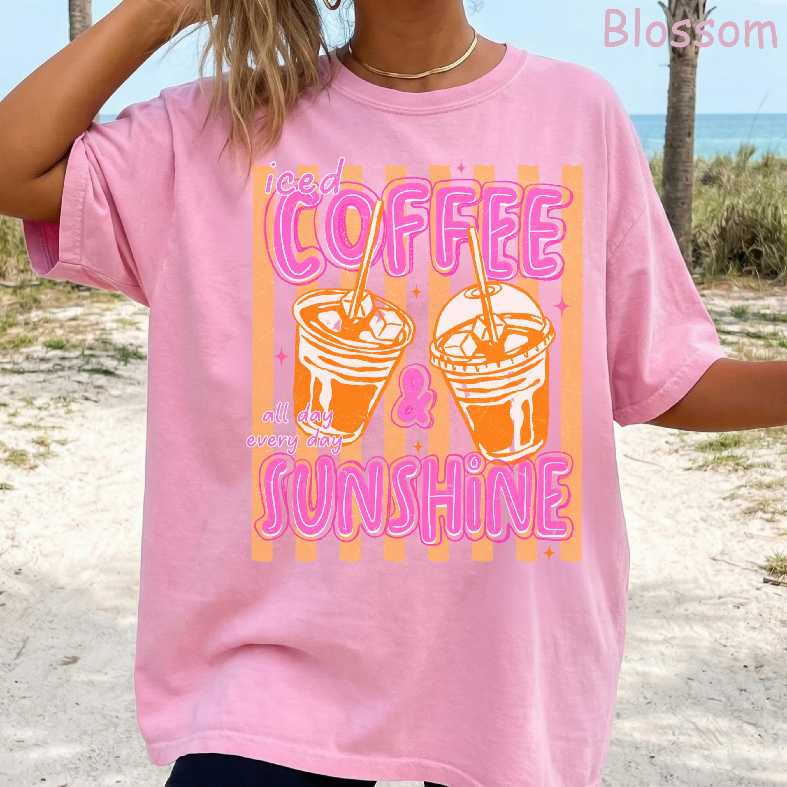 Comfort Colors Iced Coffee and Sunshine Neon Stripe Coquette Summer TShirt, Vintage Coffee Lover Shirt, Womens Apparel, Trendy Graphic Tee
