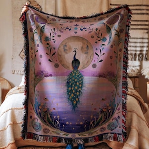 Peacock Bird Whimsical Cottagecore Aesthetic Vintage Tapestry Woven Blanket, Retro Floral Plush Throw Blanket, Wall Art Hang, Home Decor