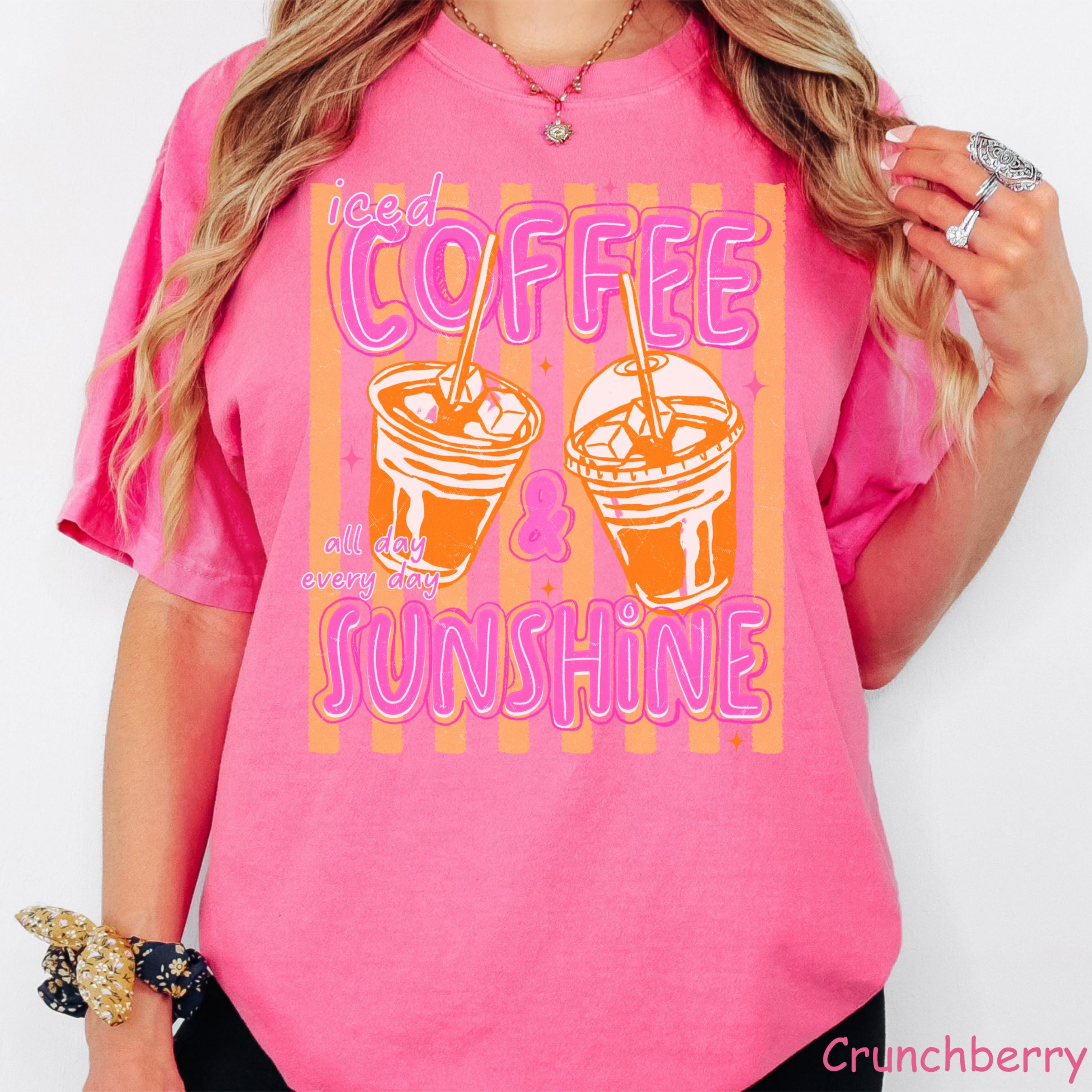 Comfort Colors Iced Coffee and Sunshine Neon Stripe Coquette Summer TShirt, Vintage Coffee Lover Shirt, Womens Apparel, Trendy Graphic Tee