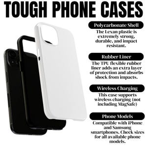 Puede incluir: Tres fundas para tel&eacute;fono: una negra, una blanca y una negra. La funda blanca est&aacute; al frente, mostrando una carcasa de policarbonato. El texto dice "TOUGH PHONE CASES" y detalla las caracter&iacute;sticas de la funda, incluida la carga inal&aacute;mbrica.