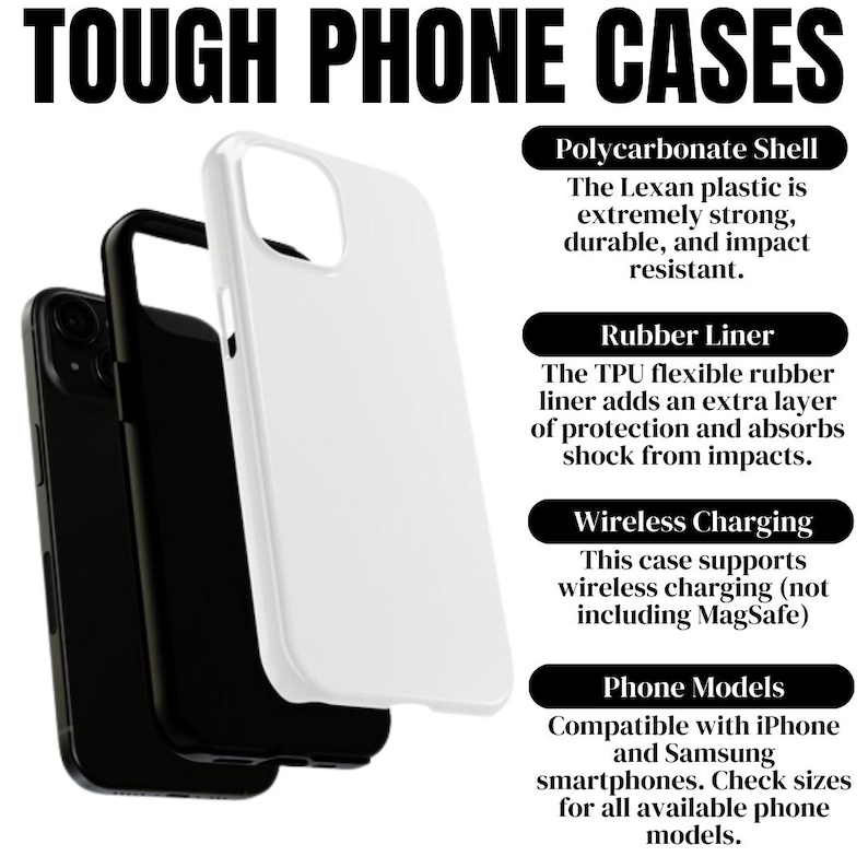 Puede incluir: Tres fundas para tel&eacute;fono: una negra, una blanca y una negra. La funda blanca est&aacute; al frente, mostrando una carcasa de policarbonato. El texto dice "TOUGH PHONE CASES" y detalla las caracter&iacute;sticas de la funda, incluida la carga inal&aacute;mbrica.