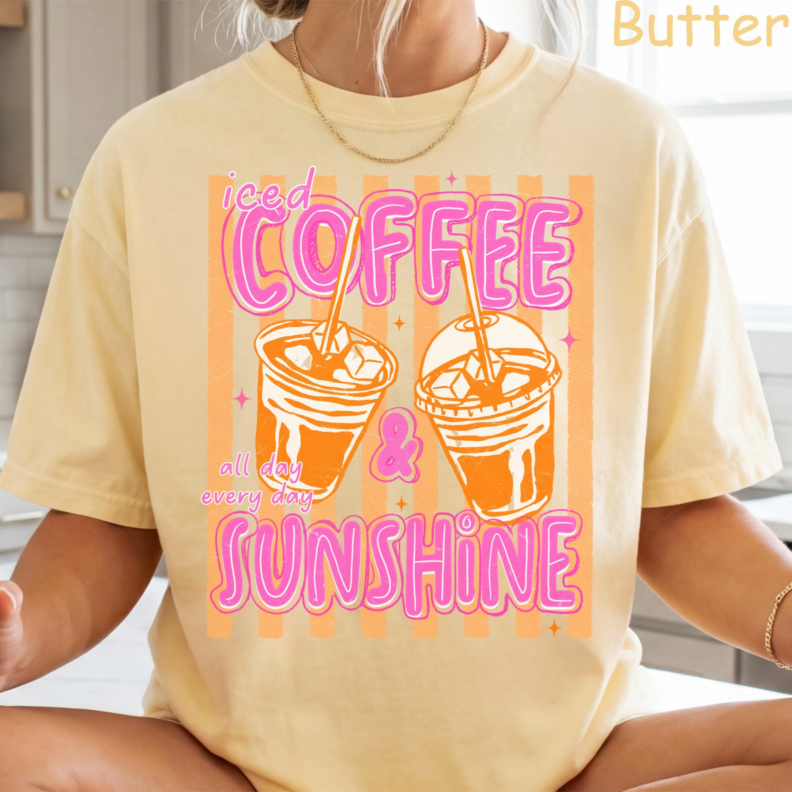 Comfort Colors Iced Coffee and Sunshine Neon Stripe Coquette Summer TShirt, Vintage Coffee Lover Shirt, Womens Apparel, Trendy Graphic Tee