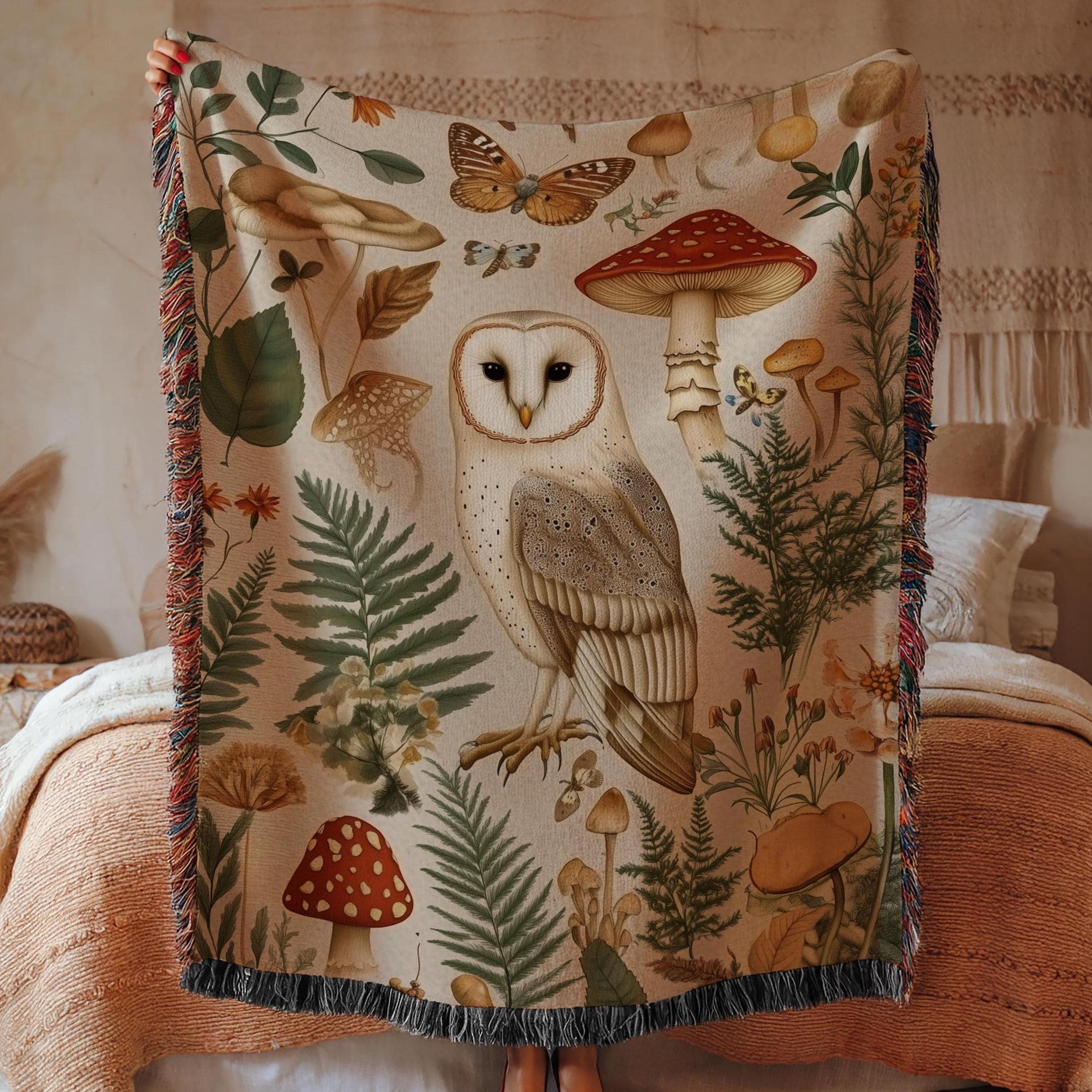 Barn Owl Bird Cottagecore Aesthetic Vintage Tapestry Woven Blanket, Retro Morris Inspired Plush Thro