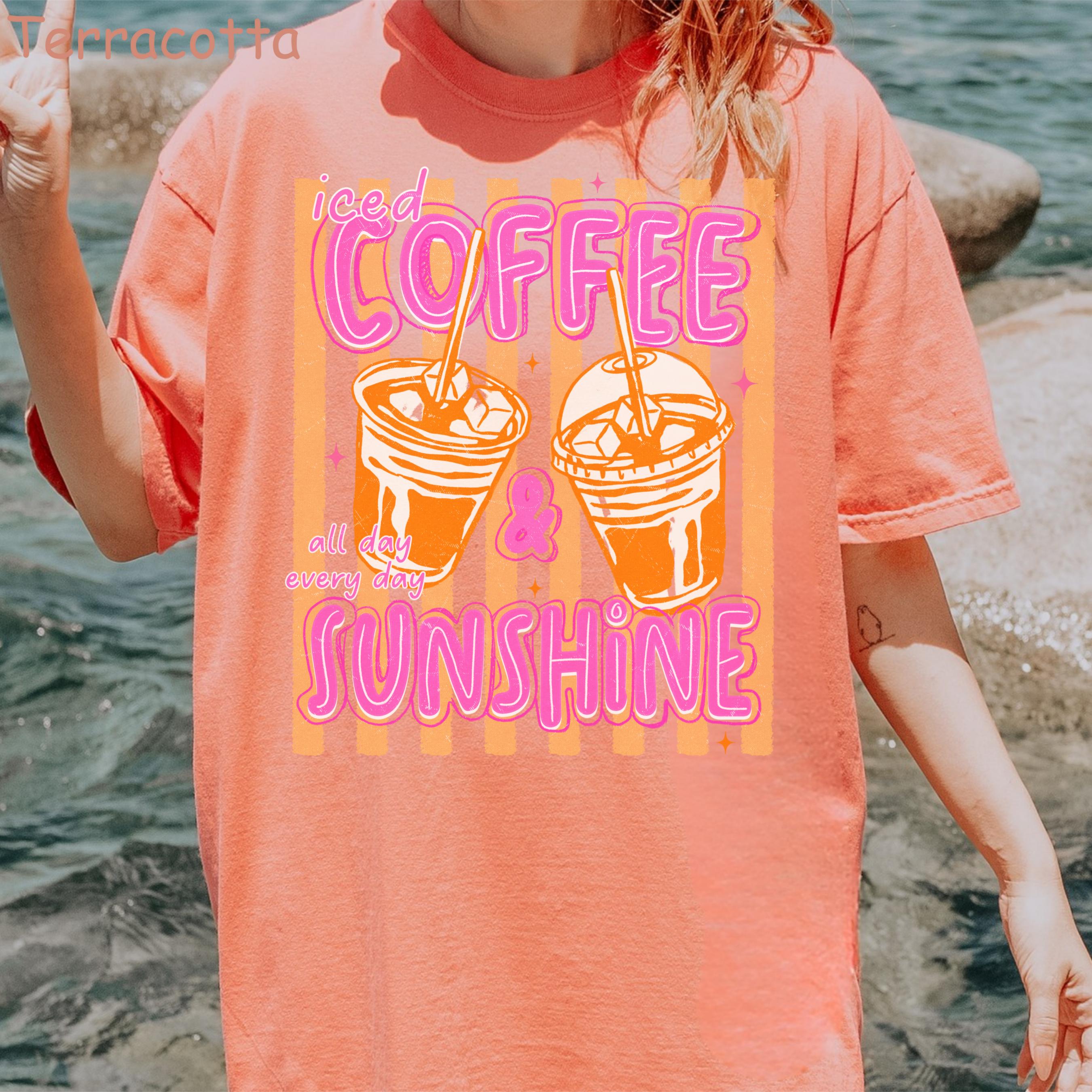 Comfort Colors Iced Coffee and Sunshine Neon Stripe Coquette Summer TShirt, Vintage Coffee Lover Shirt, Womens Apparel, Trendy Graphic Tee