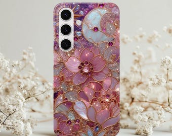 Funda de lujo para teléfono móvil con diseño floral celestial, sol y estrellas, con vitrales, funda cósmica para iPhone y Samsung, regalo de moda para ella, regalo de cumpleaños