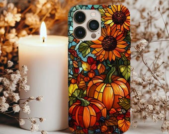 Funda para teléfono móvil con vitrales, calabazas, girasoles, hojas de otoño para Halloween, funda otoñal para iPhone y Samsung, regalo de moda para ella, regalo de cumpleaños