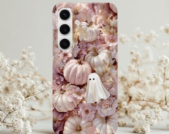 Floral Pumpkin Ghost Blush Pink Halloween Fall 3D Cell Phone Case, Girly Spooky Autumn iPhone Samsung Case, Gift For Her, Trendy Phone Case