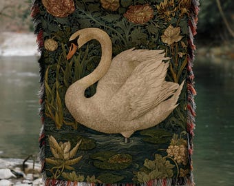 Swan Floral Cottagecore Aesthetic Vintage Tapestry Woven Blanket, Retro Morris Inspired Plush Throw Blanket, Wall Art Hang, Home Decor