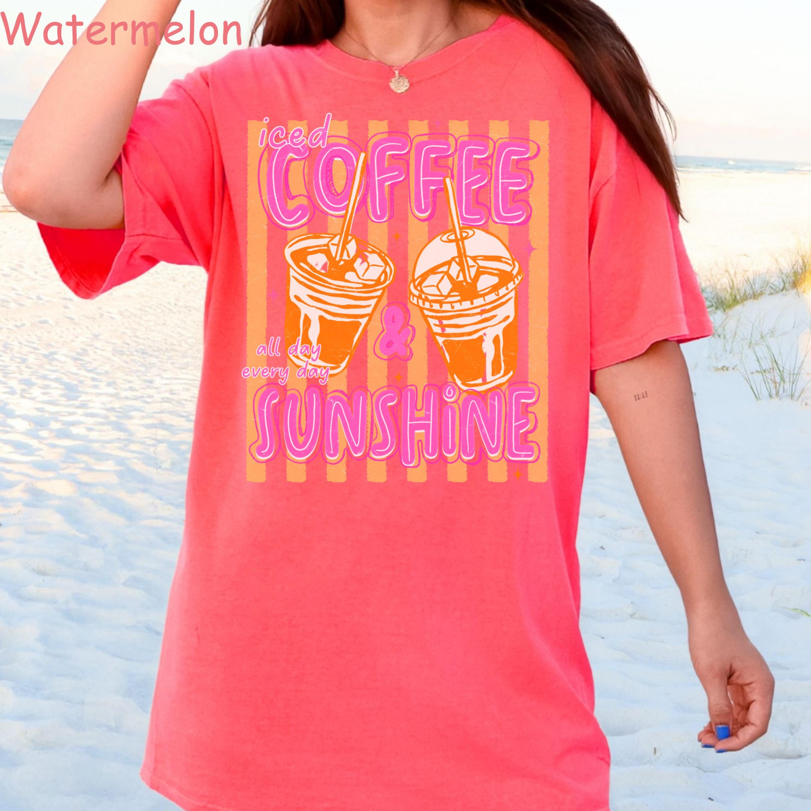 Comfort Colors Iced Coffee and Sunshine Neon Stripe Coquette Summer TShirt, Vintage Coffee Lover Shirt, Womens Apparel, Trendy Graphic Tee